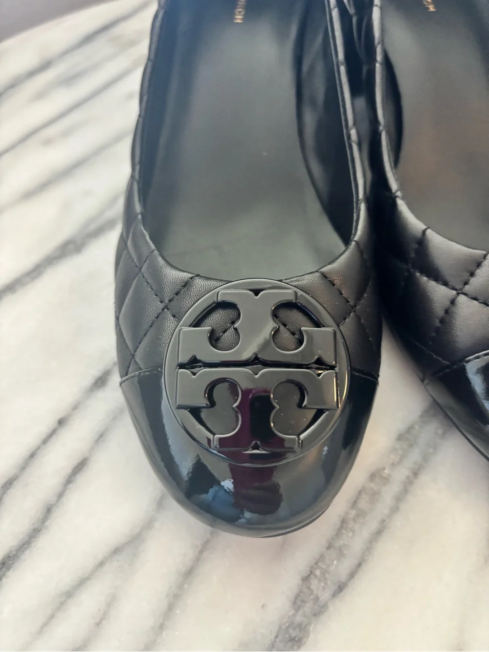 Tory Burch Quilted Black Patent Cap-Toe Block Heel Pump